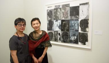 michiko okano with artist madalena cordaro in front of artwork